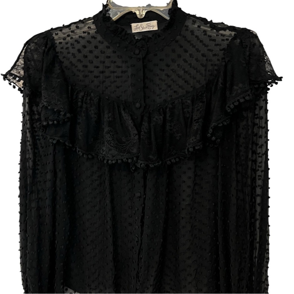 LoveShackFancy Erica SWISS DOT HIGH NECK LACE BLOUSE Ruffled Button Front Sheer - Picture 10 of 16